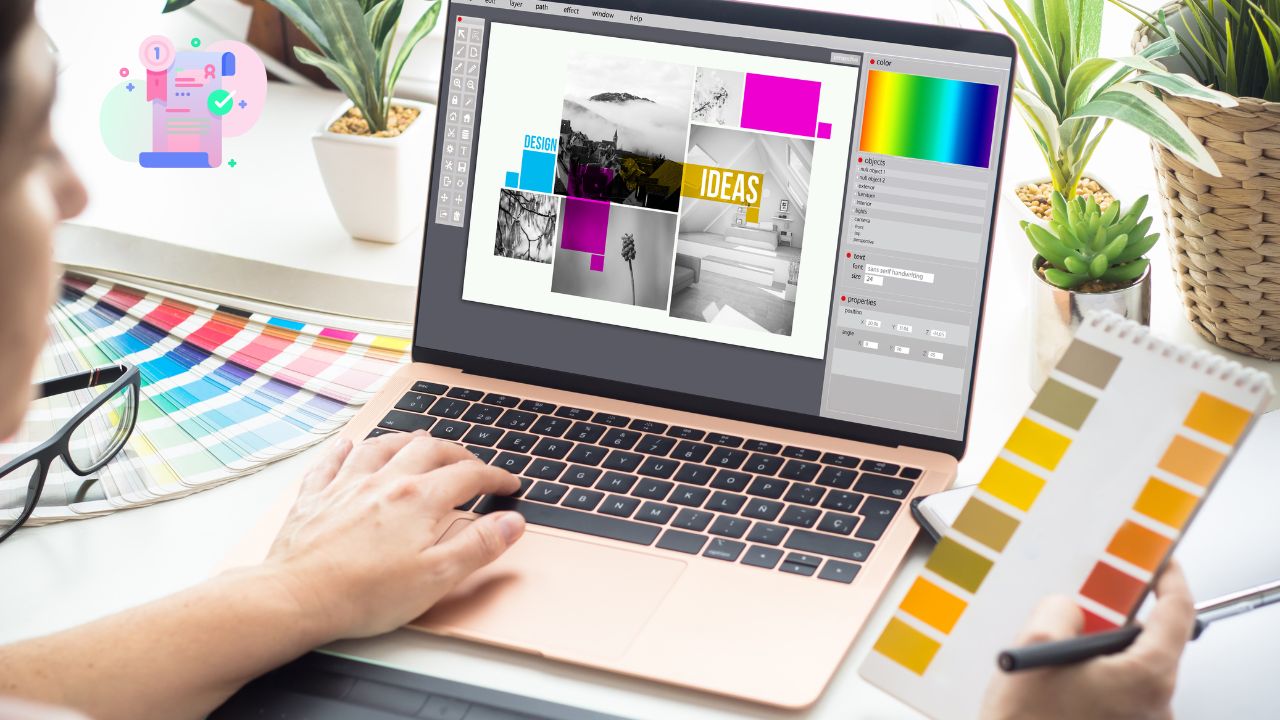 Designer utilisant un ordinateur portable pour ajuster une charte graphique avec des palettes de couleurs et des images de maquette en arrière-plan.